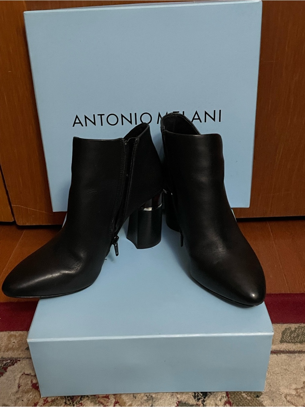 ANTONIO MELANI Black Leather Pointed Ankle Booties with Block Heel